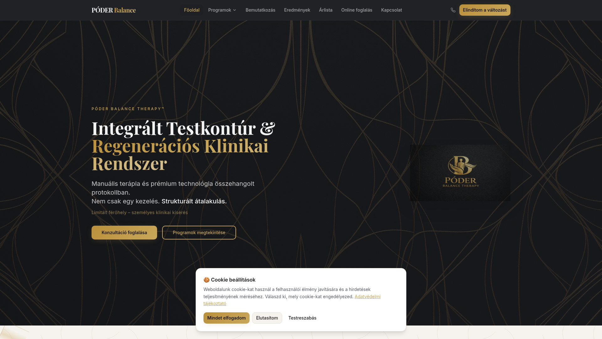 Póder Balance prémium testkontúr és regenerációs klinika weboldalának kezdőoldala — sötét, arany dizájn