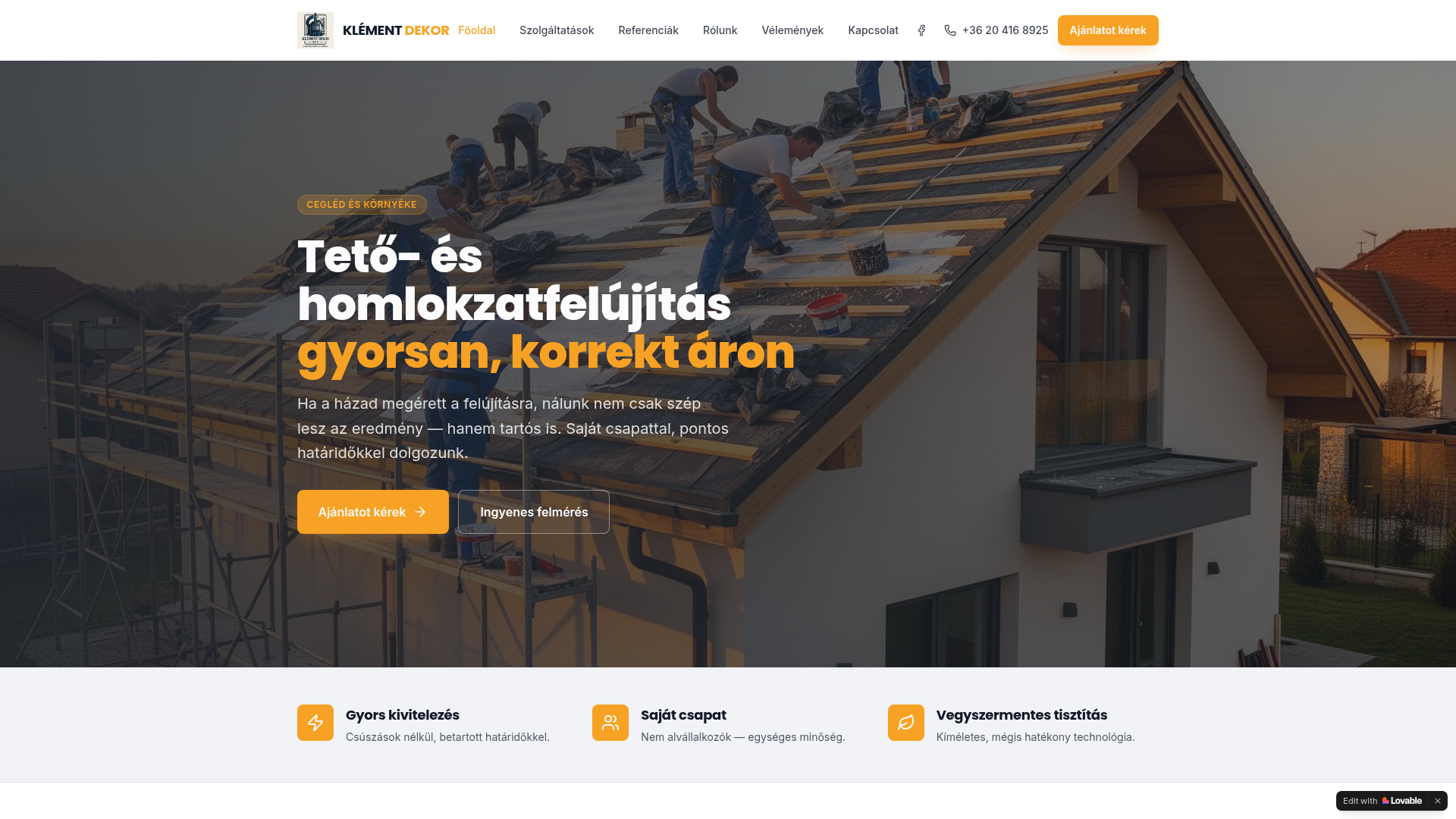 Klément Dekor tető- és homlokzatfelújítás vállalkozás weboldalának kezdőoldala — markáns hero kép szakemberekkel